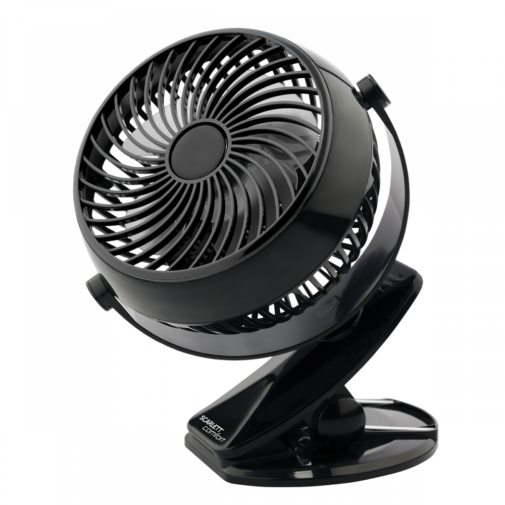 Вентилятор Scarlett SC-DF111S10 (настольный, вращение на 360, питание от USB/аккумулятора, подставка-прищепка)
