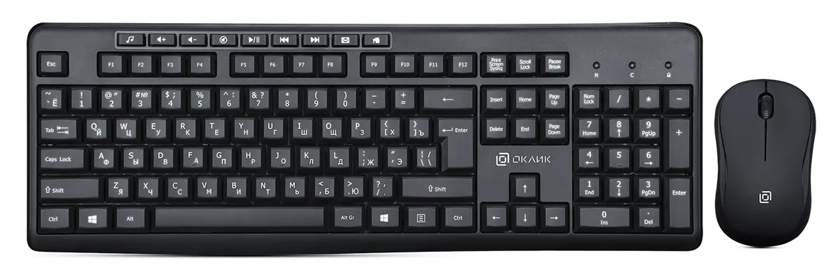 Комплект беспроводной (клавиатура+мышь) OKLICK 225M (Wireless буквы белые) USB Black