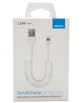 Кабель витой USB-A - Lightning, 1.5м, Deppa, витой, белый