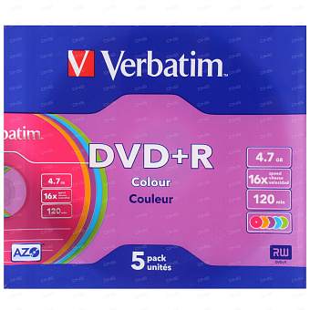 Диск DVD-R 4,7Gb Verbatim 16x Slim Color Case (5шт)