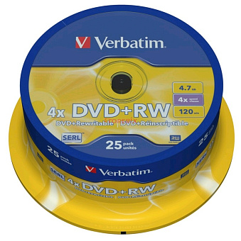 Диск DVD+RW 4,7Gb Verbatim 4x Cake Box (25шт.)