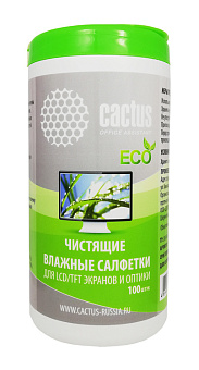 Салфетки Cactus CS-T1001E для экранов и оптики, туба 100шт, влажные)