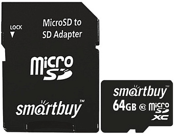 Карта памяти microSD 64Gb SmartBuy Class 10 + адаптер