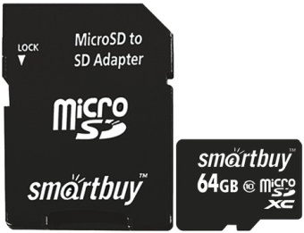 Карта памяти microSD 64Gb SmartBuy Class 10 + адаптер