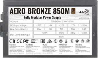 Блок питания 850W Aerocool AERO BRONZE 850M (120mm, 24+8pin, 4*8pin, 6*Sata, 4*Molex, 80 PLUS BRONZE)