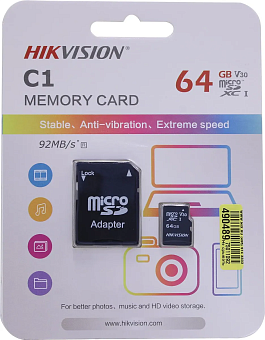 Карта памяти microSD 64Gb Hikvision HS-TF-C1(STD)/64G/Adapter (с SD адаптером)