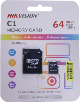 Карта памяти microSD 64Gb Hikvision HS-TF-C1(STD)/64G/Adapter (с SD адаптером)